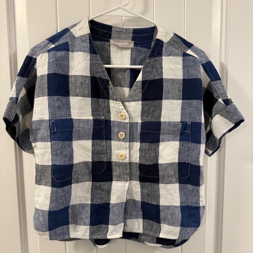 Everlane Navy Buffalo Check Boxy Linen Top Women’s XXS